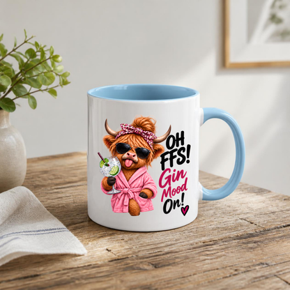 Highland Cow Gin Lover Mug "Oh FFS Gin Mood On!" Oh FFS! Gin Mood On! 325ml Ceramic Coffee Mug – Cute Highland Cow in Pink Bathrobe & Leopard Bow Holding Gin & Tonic Cocktail Glass | Funny Gift | Fast Dispatch by UK Seller (M3391)