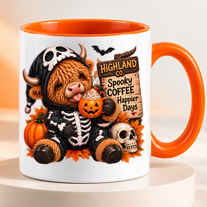 Halloween Mug "Highland Cow Skeleton Spooky Coffee" Highland Cow Skeleton Spooky Coffee 325ml Ceramic Coffee Mug– Cute Halloween Autumn Tea Cup With Skeleton Onesie Highland Cow Graphic Gift | Available in Multicolours | Fast Dispatch by UK Seller (M3213)