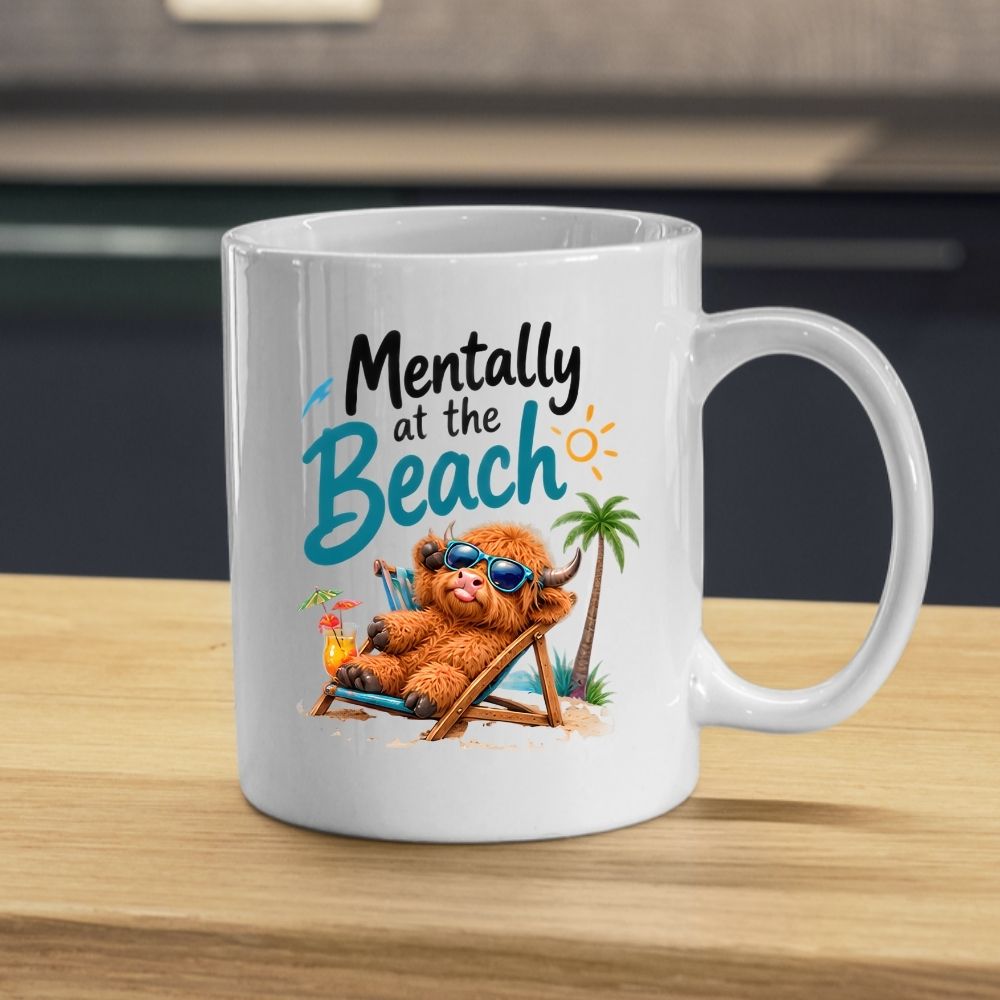 Humorous Mug "Mentally at the Beach" Highland Cow 325ml Ceramic Coffee Mug Funny Summer Holiday Tea Cup with Sunglasses, Deck Chair & Palm Tree Gift | Available in Multicolours | Fast Dispatch by UK Seller (M1288)