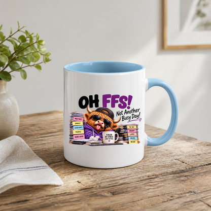 Highland Cow Busy Day Mug "OH FFS! Not Another Busy Day!" Oh Ffs! Not Another Busy Day! 325ml Ceramic Coffee Mug – Cute Highland Cow at Messy Office Desk with Stacks of Files & Coffee Mug | Funny Workplace Gift | Fast Dispatch by UK Seller (M3383)