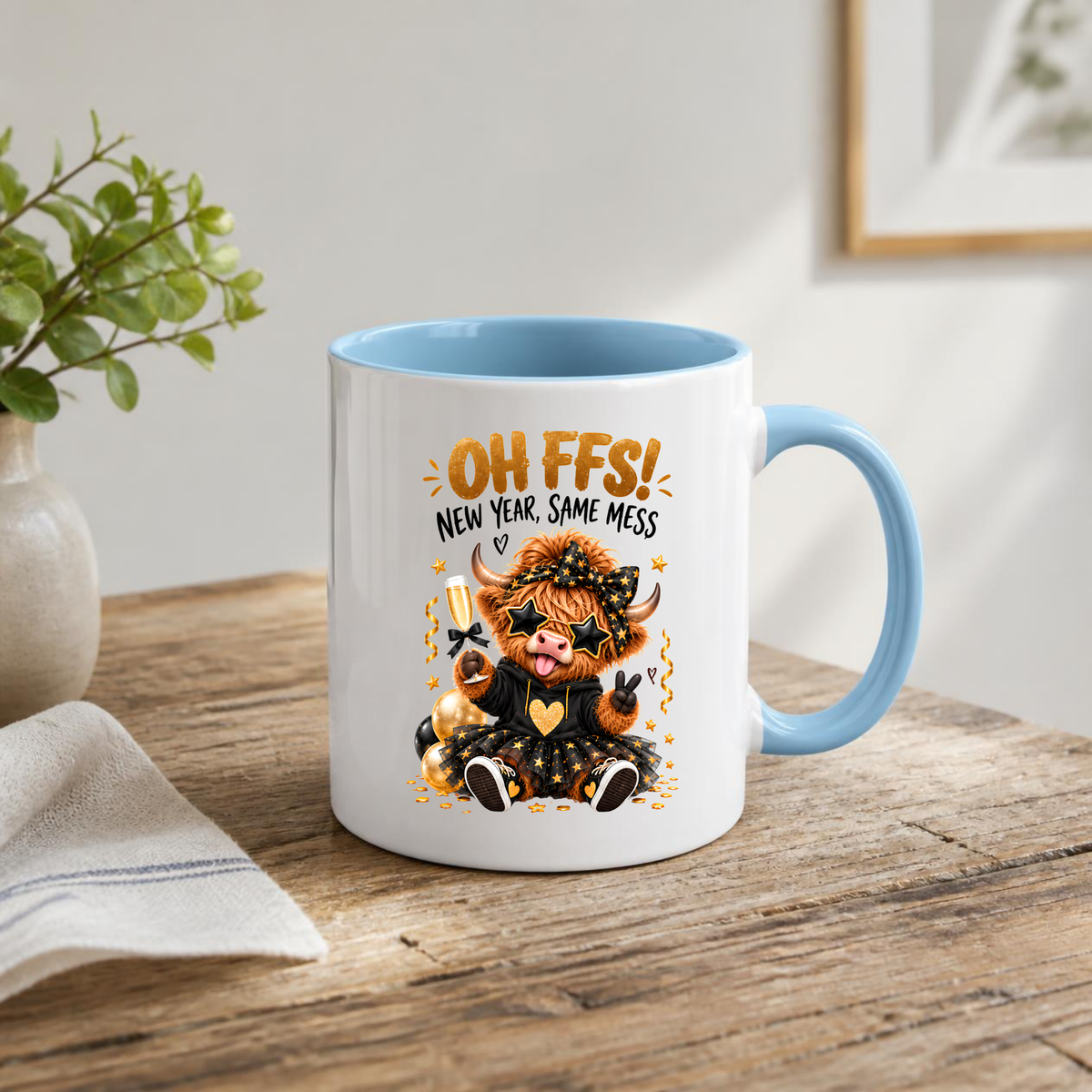 New Year Highland Cow Mug "Oh FFS! New Year, Same Mess" Oh FFS! New Year, Same Mess 325ml Ceramic Coffee Mug – Cute Highland Cow with Champagne, Star Glasses, Tutu & Confetti | Funny New Year Gift | Fast Dispatch by UK Seller (M3365)