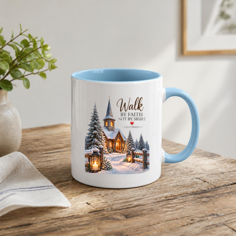 Christmas Mug "Walk By Faith Not By Sight 2 Corinthians 5:7" 325ml Ceramic Coffee Mug – Snowy Winter Church Scene Mug With Lanterns Pine Trees Christian Holiday Gift | Available in Multicolours | Fast Dispatch by UK Seller (M3303)