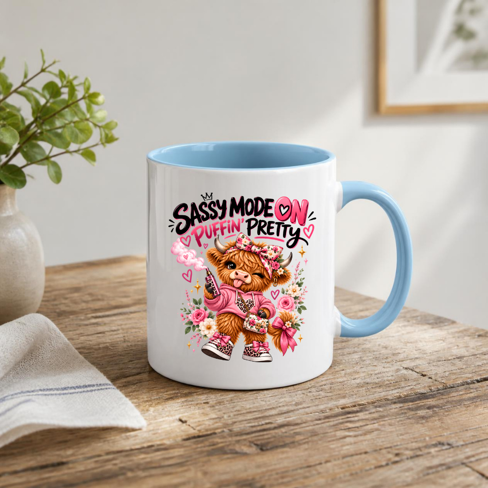 Highland Cow Mug "Sassy Mode On Puffin' Pretty" 325ml Ceramic Coffee Tea Cup – Pink Floral Bow, Hoodie & Vape Novelty Gift for Bestie, Women, Birthday – Fast Dispatch by UK Seller (M3496)