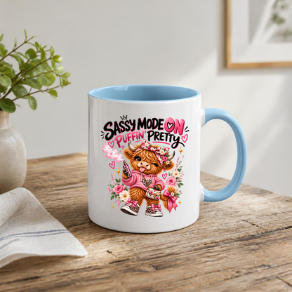 Highland Cow Mug "Sassy Mode On Puffin' Pretty" 325ml Ceramic Coffee Tea Cup – Pink Floral Bow, Hoodie & Vape Novelty Gift for Bestie, Women, Birthday – Fast Dispatch by UK Seller (M3496)
