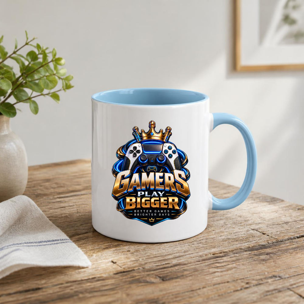 Gaming Mug "Gamers Play Bigger" Gamers Play Bigger 325ml Ceramic Coffee Mug – Royal Gold & Blue Gaming Controller Crest with Crown & Slogan | Video Game Gift | Fast Dispatch by UK Seller (M3349)