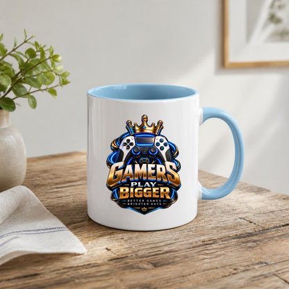 Gaming Mug "Gamers Play Bigger" Gamers Play Bigger 325ml Ceramic Coffee Mug – Royal Gold & Blue Gaming Controller Crest with Crown & Slogan | Video Game Gift | Fast Dispatch by UK Seller (M3349)