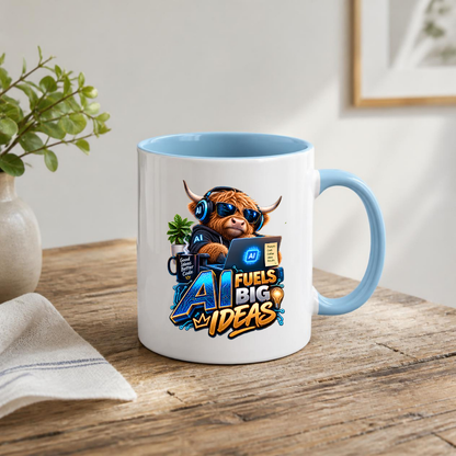 Tech Mug "AI Fuels Big Ideas" AI Fuels Big Ideas 325ml Ceramic Coffee Mug – Funny Highland Cow IT Programmer Mug with Good Ideas Better Code & Laptop | Gift for Developers | Fast Dispatch by UK Seller (M3329)