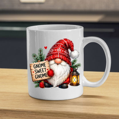 Festive Mug "Gnome Sweet Gnome" Christmas Gnome 325ml Ceramic Coffee Mug Winter Holiday Tea Cup with Lantern, Sign & Red Snowflake Hat | Available in Multicolours | Fast Dispatch by UK Seller (M1275)