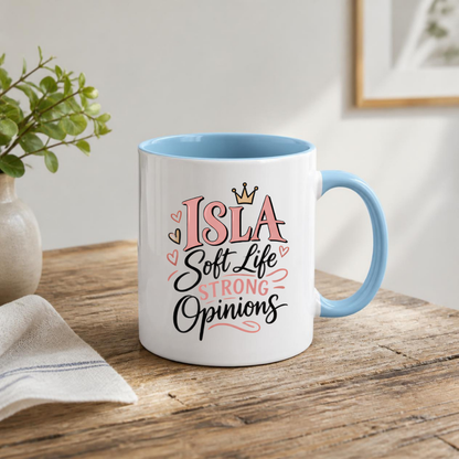 Personalized Name Mug "Isla Soft Life Strong Opinions" Isla Soft Life Strong Opinions 325ml Ceramic Coffee Mug – Custom Name Typography Slogan with Gold Crown & Pink Hearts | Funny Gift | Fast Dispatch by UK Seller (M3422)