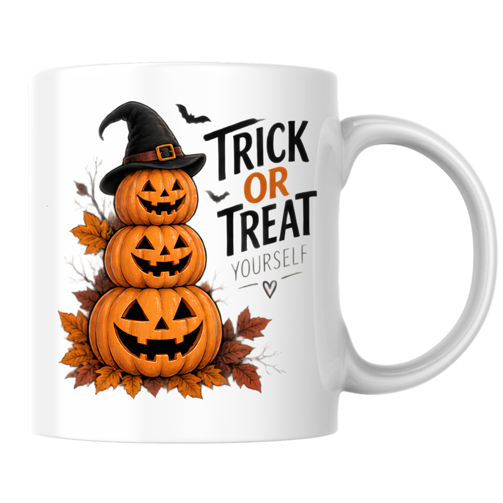 Halloween Mug "TRICK OR TREAT YOURSELF" Pumpkin Tower 325ml Ceramic Coffee Mug Stacked Jack-o'-Lanterns Tea Cup with Witch Hat & Autumn Leaves Graphic Gift | Available in Multicolours | Fast Dispatch by UK Seller (M3082)