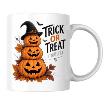 Halloween Mug "TRICK OR TREAT YOURSELF" Pumpkin Tower 325ml Ceramic Coffee Mug Stacked Jack-o'-Lanterns Tea Cup with Witch Hat & Autumn Leaves Graphic Gift | Available in Multicolours | Fast Dispatch by UK Seller (M3082)