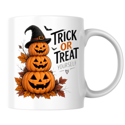 Halloween Mug "TRICK OR TREAT YOURSELF" Pumpkin Tower 325ml Ceramic Coffee Mug Stacked Jack-o'-Lanterns Tea Cup with Witch Hat & Autumn Leaves Graphic Gift | Available in Multicolours | Fast Dispatch by UK Seller (M3082)