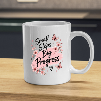 Inspirational Quote Mug "Small Steps Big Progress" Pink Floral Butterfly 325ml Ceramic Coffee Mug Motivational Tea Cup with Cherry Blossoms & Butterflies Graphic Gift | Available in Multicolours | Fast Dispatch by UK Seller (M3030)