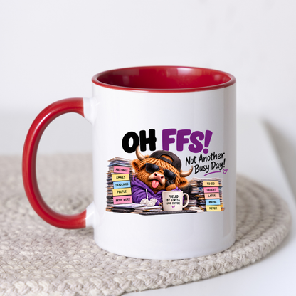 Highland Cow Busy Day Mug "OH FFS! Not Another Busy Day!" Oh Ffs! Not Another Busy Day! 325ml Ceramic Coffee Mug – Cute Highland Cow at Messy Office Desk with Stacks of Files & Coffee Mug | Funny Workplace Gift | Fast Dispatch by UK Seller (M3383)