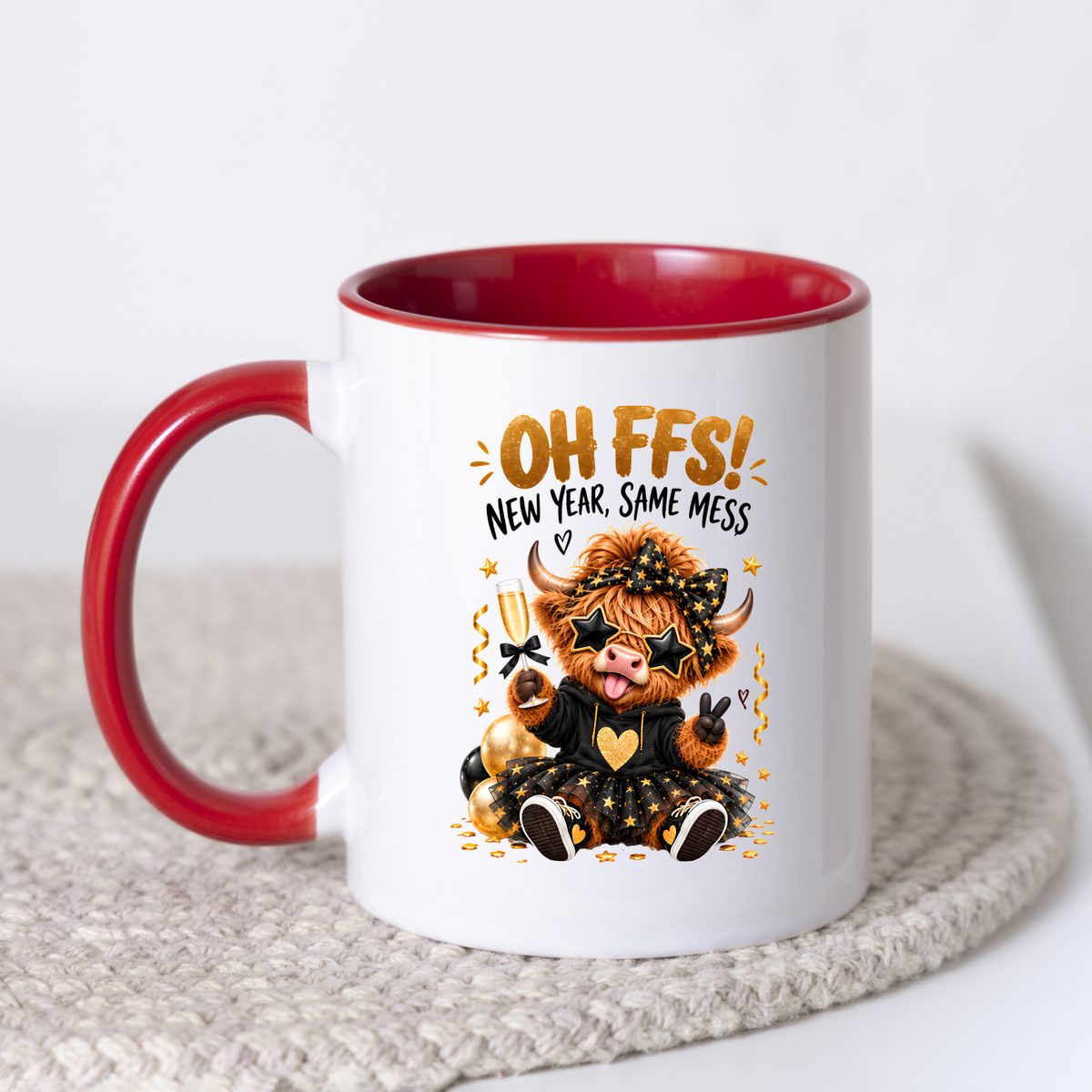 New Year Highland Cow Mug "Oh FFS! New Year, Same Mess" Oh FFS! New Year, Same Mess 325ml Ceramic Coffee Mug – Cute Highland Cow with Champagne, Star Glasses, Tutu & Confetti | Funny New Year Gift | Fast Dispatch by UK Seller (M3365)