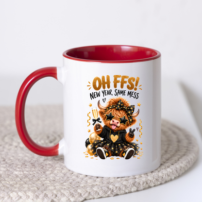 New Year Highland Cow Mug "Oh FFS! New Year, Same Mess" Oh FFS! New Year, Same Mess 325ml Ceramic Coffee Mug – Cute Highland Cow with Champagne, Star Glasses, Tutu & Confetti | Funny New Year Gift | Fast Dispatch by UK Seller (M3365)