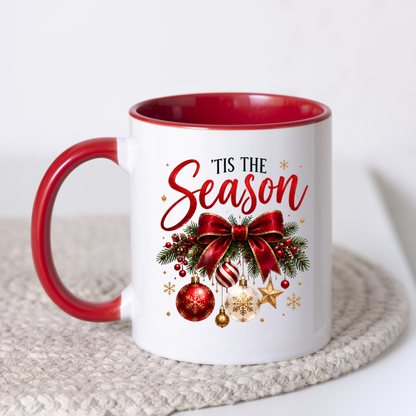 Christmas Bow Ornaments Mug "'Tis The Season" 'Tis The Season 325ml Ceramic Coffee Mug – Festive Red Bow with Hanging Baubles, Stars & Pine Branches | Holiday Gift | Fast Dispatch by UK Seller (M3401)