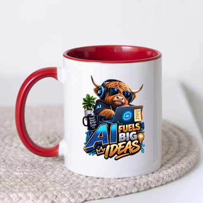 Tech Mug "AI Fuels Big Ideas" AI Fuels Big Ideas 325ml Ceramic Coffee Mug – Funny Highland Cow IT Programmer Mug with Good Ideas Better Code & Laptop | Gift for Developers | Fast Dispatch by UK Seller (M3329)