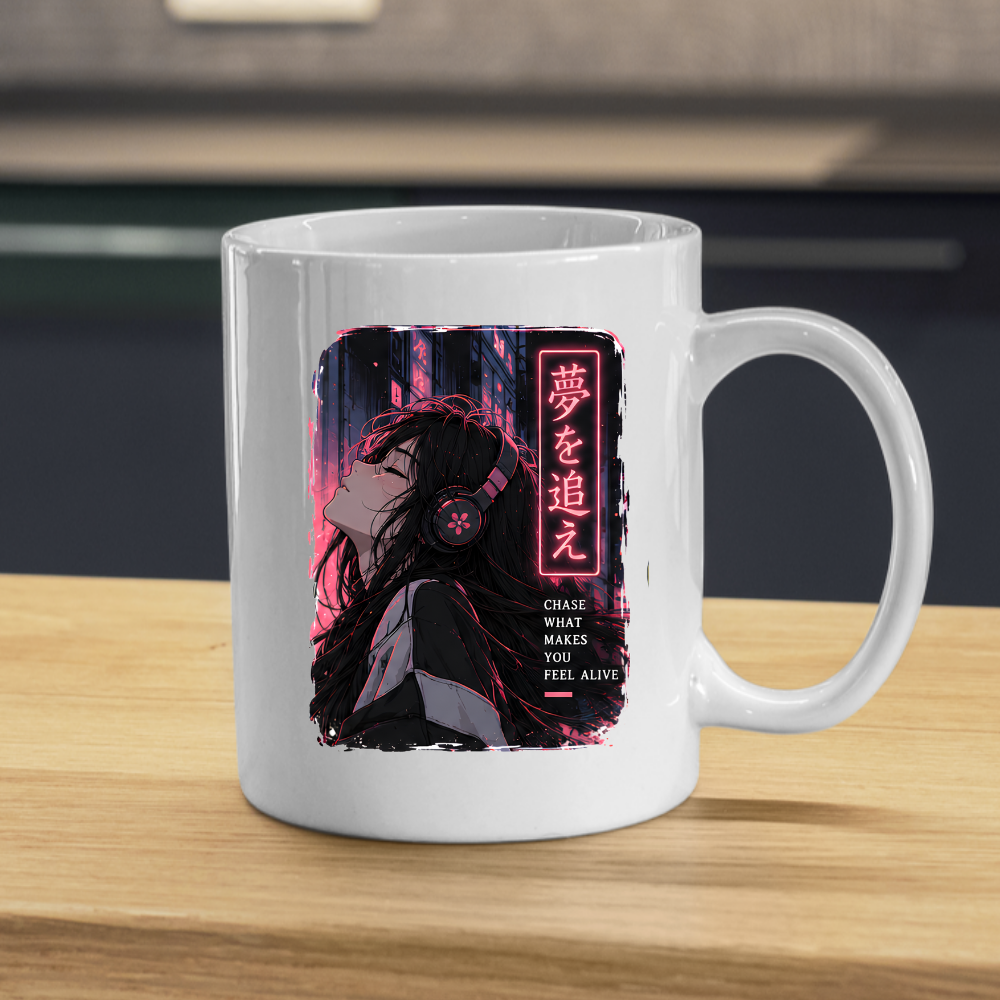 Inspirational Anime Girl Mug "CHASE WHAT Makes You Feel Alive" Cyberpunk Headphones 325ml Ceramic Coffee Mug – Aesthetic Mindful Tea Cup With Japanese Neon Kanji Graphic Gift | Available in Multicolours | Fast Dispatch by UK Seller (M3050)