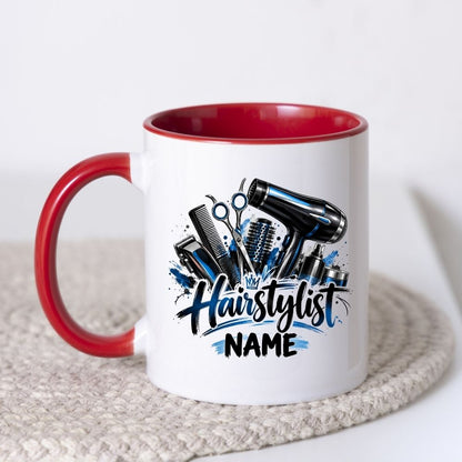 Personalised Mug "Hairstylist" Custom Name Hairdresser Coffee Cup 350ml Ceramic, Male Female Barber Hair Salon Design, Pink Floral Blue Hair Tools, Gift for Stylist Beautician Colleague, Birthday Christmas Secret Santa | Fast Dispatch by UK Seller (M1196)