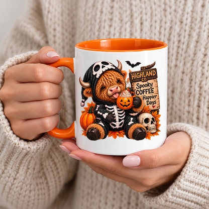 Halloween Mug "Highland Cow Skeleton Spooky Coffee" Highland Cow Skeleton Spooky Coffee 325ml Ceramic Coffee Mug– Cute Halloween Autumn Tea Cup With Skeleton Onesie Highland Cow Graphic Gift | Available in Multicolours | Fast Dispatch by UK Seller (M3213)