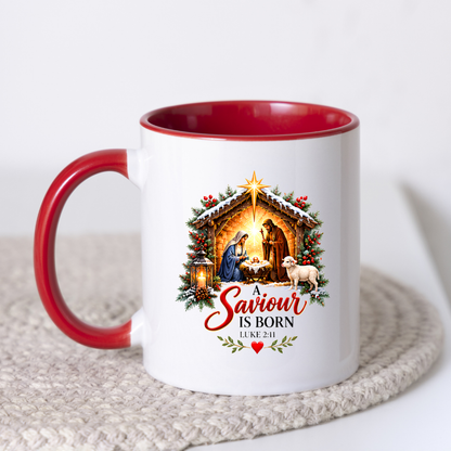 Religious Christmas Mug "A Saviour Is Born" Nativity Scene A Saviour Is Born 325ml Ceramic Coffee Mug – Christian Nativity Scene Scripture Mug with Luke 2:11, Manger, Lantern & Lamb | Religious Christmas Gift | Fast Dispatch by UK Seller (M3357)