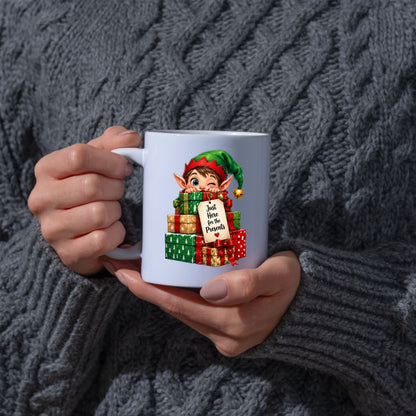 Playful Mug "Just Here for the Presents" Christmas Elf 325ml Ceramic Coffee Mug Cute Holiday Tea Cup with Jingle Bell Hat & Gift Box Tag Gift | Available in Multicolours | Fast Dispatch by UK Seller (M1244)