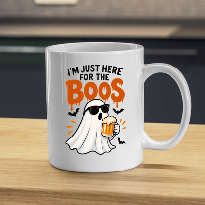 Halloween Mug "I'M JUST HERE For The Boos" Cool Ghost 325ml Ceramic Coffee Mug – Funny Drinking Ghost Tea Cup with Sunglasses & Beer Glass Graphic Gift | Available in Multicolours | Fast Dispatch by UK Seller (M3074)