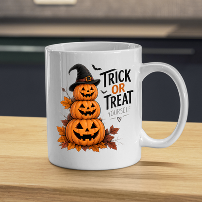 Halloween Mug "TRICK OR TREAT YOURSELF" Pumpkin Tower 325ml Ceramic Coffee Mug Stacked Jack-o'-Lanterns Tea Cup with Witch Hat & Autumn Leaves Graphic Gift | Available in Multicolours | Fast Dispatch by UK Seller (M3082)