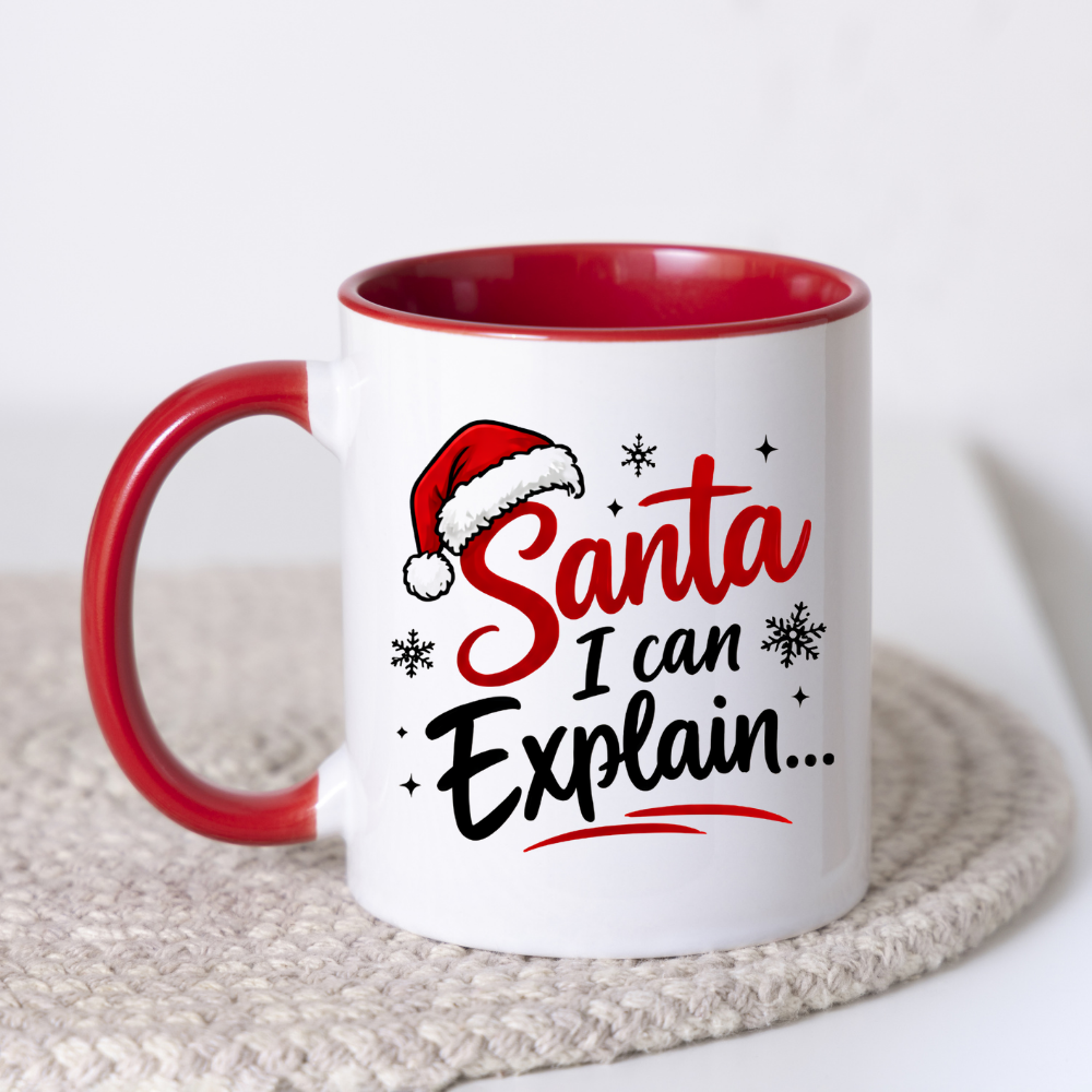 Funny Christmas Mug "Santa I Can Explain..." Santa I Can Explain... 325ml Ceramic Coffee Mug – Festive Humor Slogan with Red Santa Hat, Snowflakes & Star Sparkles | Winter Holiday Gift | Fast Dispatch by UK Seller (M3434)