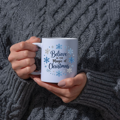 Magical Mug "Believe in the Magic of Christmas" Snowflake Wreath 325ml Ceramic Coffee Mug Festive Winter Holiday Tea Cup with Blue & Silver Snowflakes Gift | Available in Multicolours | Fast Dispatch by UK Seller (M1251)