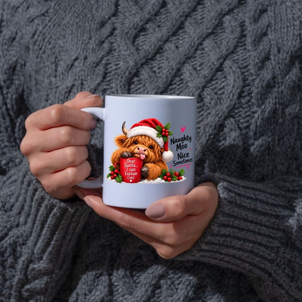 Festive Mug "Naughty Moo Nice Sometimes" Highland Cow 325ml Ceramic Coffee Mug Christmas Holiday Tea Cup with Santa Hat, Holly & Dear Santa Mug Gift | Available in Multicolours | Fast Dispatch by UK Seller (M1282)