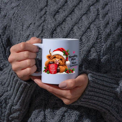 Festive Mug "Naughty Moo Nice Sometimes" Highland Cow 325ml Ceramic Coffee Mug Christmas Holiday Tea Cup with Santa Hat, Holly & Dear Santa Mug Gift | Available in Multicolours | Fast Dispatch by UK Seller (M1282)