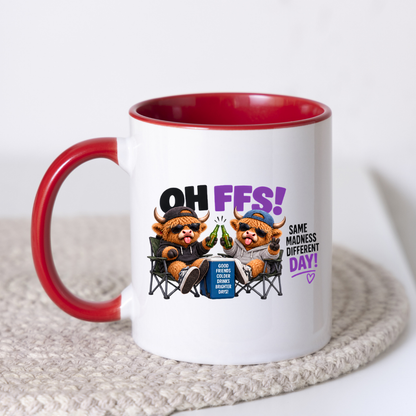 Camping Besties Highland Cows Mug "OH FFS! Same Madness Different Day!" Oh Ffs! Same Madness Different Day! 325ml Ceramic Coffee Mug – Cute Highland Cows in Camping Chairs Toasting Beer Bottles | Funny Bestie Gift | Fast Dispatch by UK Seller (M3373)