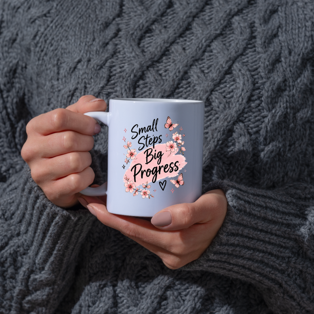 Inspirational Quote Mug "Small Steps Big Progress" Pink Floral Butterfly 325ml Ceramic Coffee Mug Motivational Tea Cup with Cherry Blossoms & Butterflies Graphic Gift | Available in Multicolours | Fast Dispatch by UK Seller (M3030)