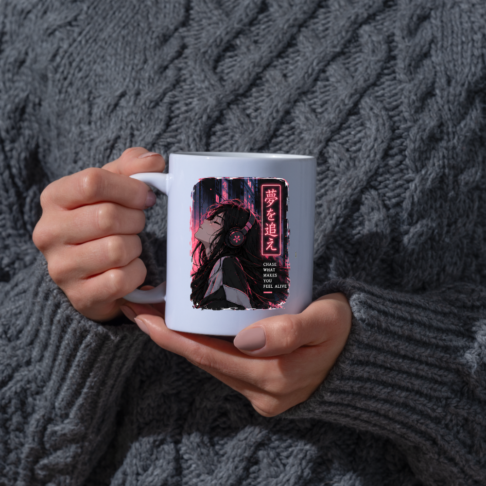 Inspirational Anime Girl Mug "CHASE WHAT Makes You Feel Alive" Cyberpunk Headphones 325ml Ceramic Coffee Mug – Aesthetic Mindful Tea Cup With Japanese Neon Kanji Graphic Gift | Available in Multicolours | Fast Dispatch by UK Seller (M3050)