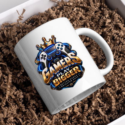 Gaming Mug "Gamers Play Bigger" Gamers Play Bigger 325ml Ceramic Coffee Mug – Royal Gold & Blue Gaming Controller Crest with Crown & Slogan | Video Game Gift | Fast Dispatch by UK Seller (M3349)