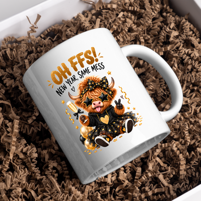 New Year Highland Cow Mug "Oh FFS! New Year, Same Mess" Oh FFS! New Year, Same Mess 325ml Ceramic Coffee Mug – Cute Highland Cow with Champagne, Star Glasses, Tutu & Confetti | Funny New Year Gift | Fast Dispatch by UK Seller (M3365)