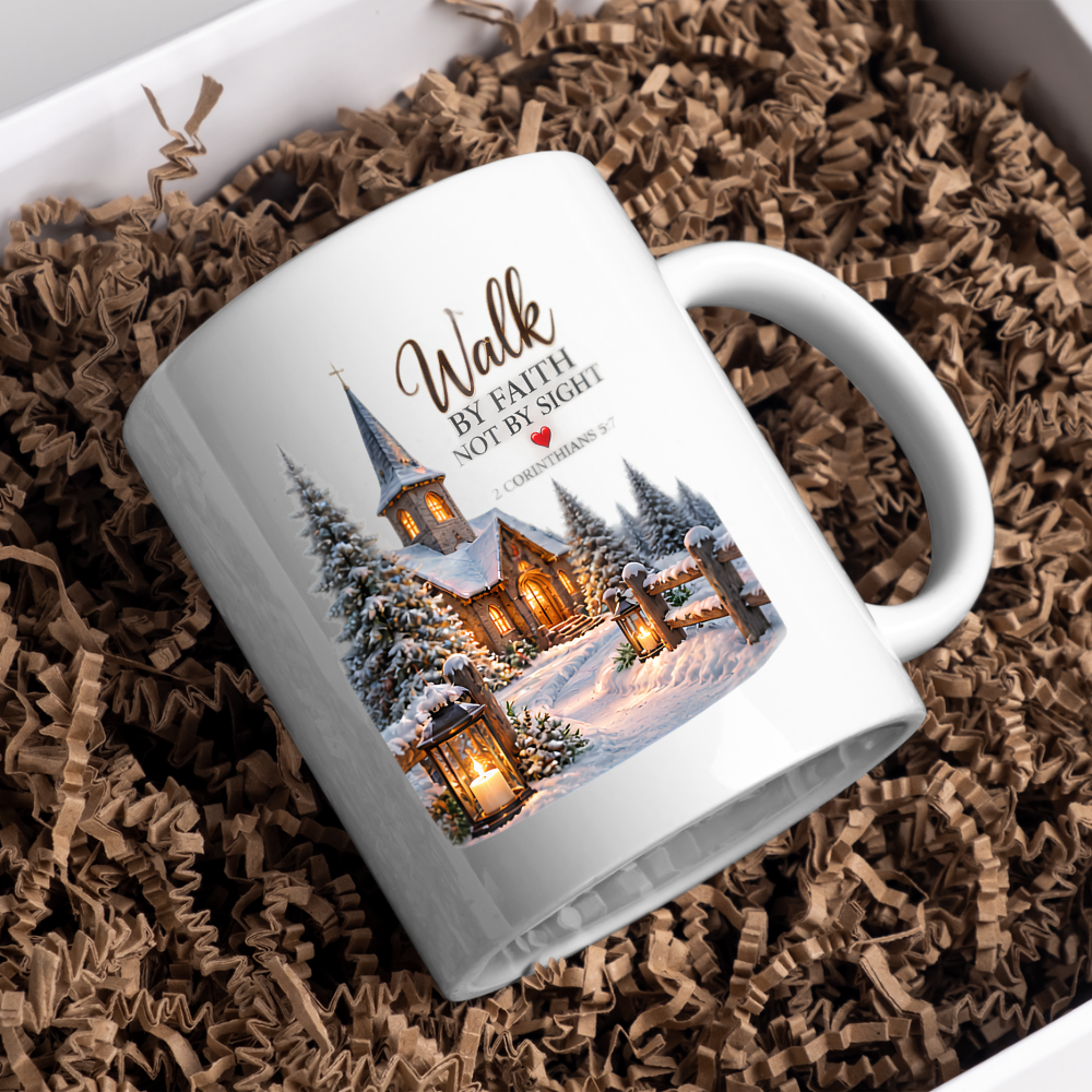Christmas Mug "Walk By Faith Not By Sight 2 Corinthians 5:7" 325ml Ceramic Coffee Mug – Snowy Winter Church Scene Mug With Lanterns Pine Trees Christian Holiday Gift | Available in Multicolours | Fast Dispatch by UK Seller (M3303)