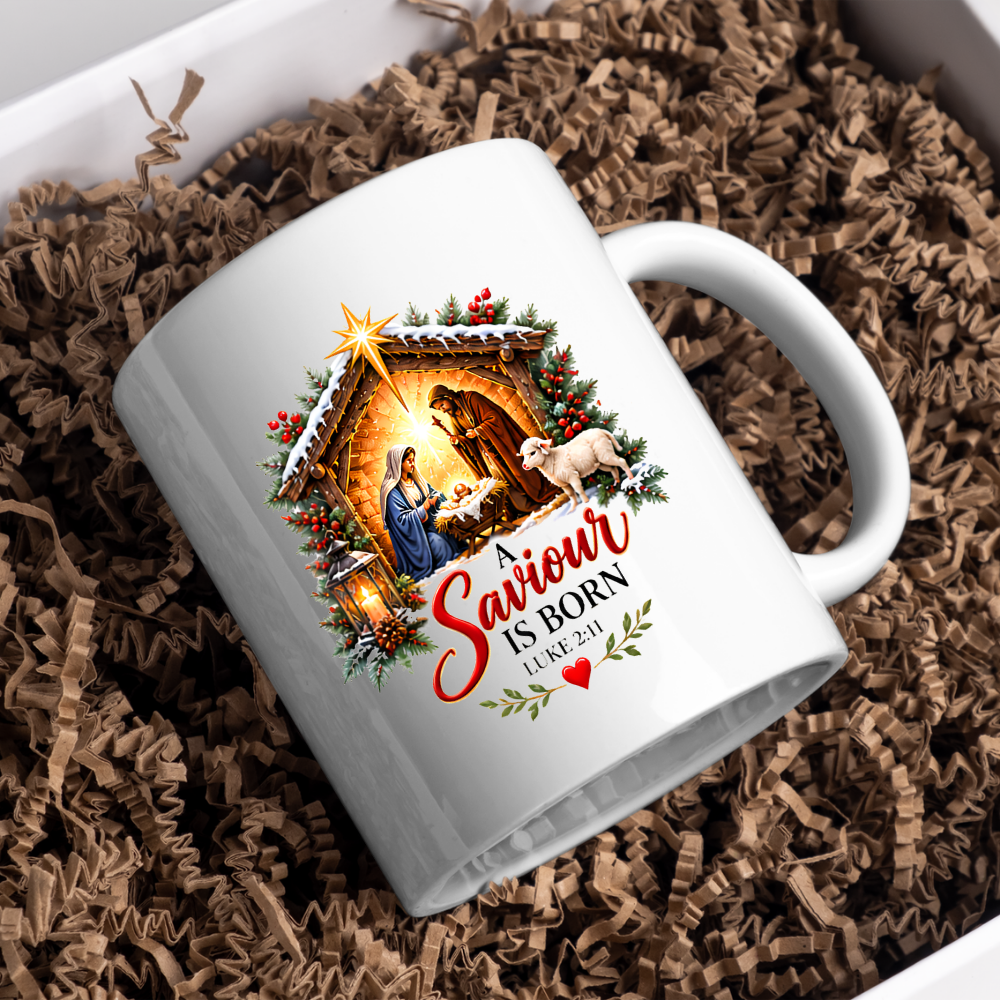 Religious Christmas Mug "A Saviour Is Born" Nativity Scene A Saviour Is Born 325ml Ceramic Coffee Mug – Christian Nativity Scene Scripture Mug with Luke 2:11, Manger, Lantern & Lamb | Religious Christmas Gift | Fast Dispatch by UK Seller (M3357)
