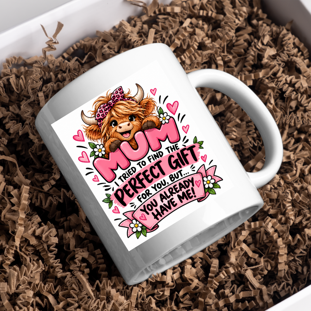 Funny Highland Cow Mug "Mum I Tried To Find The Perfect Gift" Mum I Tried To Find The Perfect Gift For You 325ml Ceramic Coffee Mug –Cute Highland Cow with Leopard Bandana & Floral Ribbon | Mother's Day & Birthday Gift | Fast Dispatch by UK Seller (M3447)