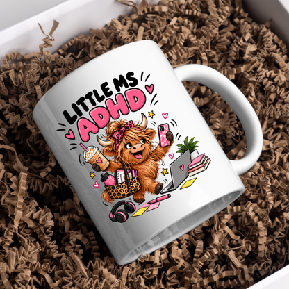 Funny ADHD Highland Cow Mug "Little Ms ADHD" Little Ms ADHD 325ml Ceramic Coffee Mug – Cute Highland Cow with Leopard Bow, Laptop, Coffee & Chaos | Relatable Neurodivergent & ADHD Humor Gift | Fast Dispatch by UK Seller (M3461)
