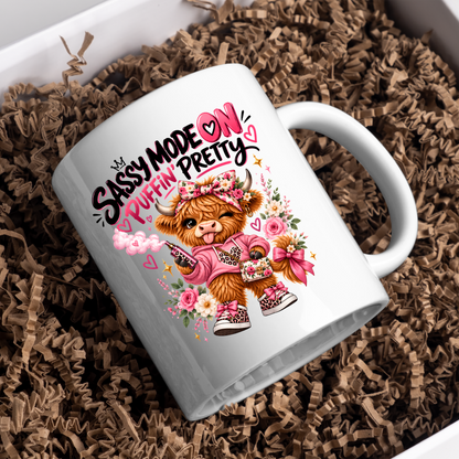 Highland Cow Mug "Sassy Mode On Puffin' Pretty" 325ml Ceramic Coffee Tea Cup – Pink Floral Bow, Hoodie & Vape Novelty Gift for Bestie, Women, Birthday – Fast Dispatch by UK Seller (M3496)