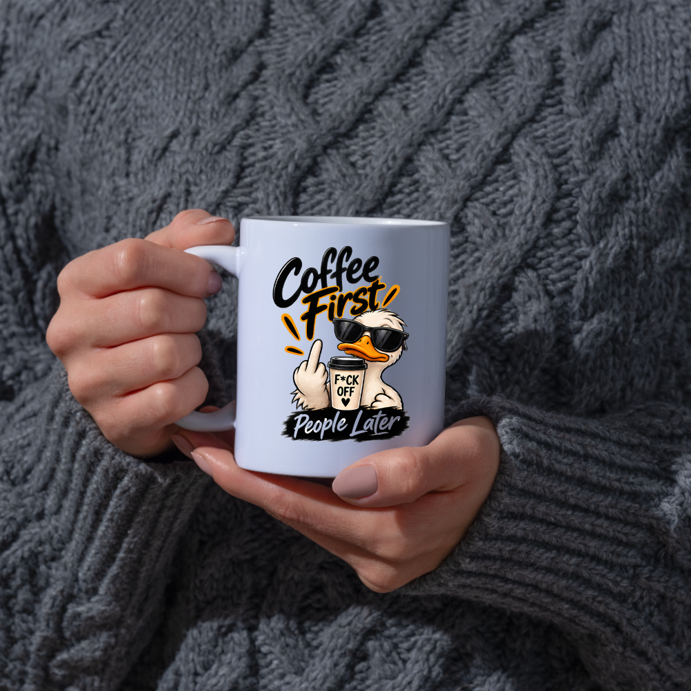 Sarcastic Mug "COFFEE FIRST PEOPLE LATER" Cool Duck 325ml Ceramic Coffee Mug Novelty Duck Tea Cup with Sunglasses, Middle Finger & "F*CK OFF" Cup Graphic Gift | Available in Multicolours | Fast Dispatch by UK Seller (M3090)