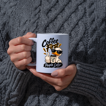 Sarcastic Mug "COFFEE FIRST PEOPLE LATER" Cool Duck 325ml Ceramic Coffee Mug Novelty Duck Tea Cup with Sunglasses, Middle Finger & "F*CK OFF" Cup Graphic Gift | Available in Multicolours | Fast Dispatch by UK Seller (M3090)