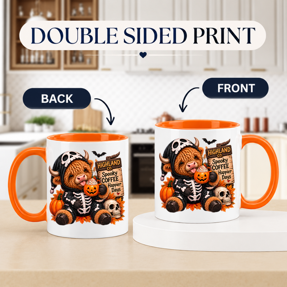 Halloween Mug "Highland Cow Skeleton Spooky Coffee" Highland Cow Skeleton Spooky Coffee 325ml Ceramic Coffee Mug– Cute Halloween Autumn Tea Cup With Skeleton Onesie Highland Cow Graphic Gift | Available in Multicolours | Fast Dispatch by UK Seller (M3213)