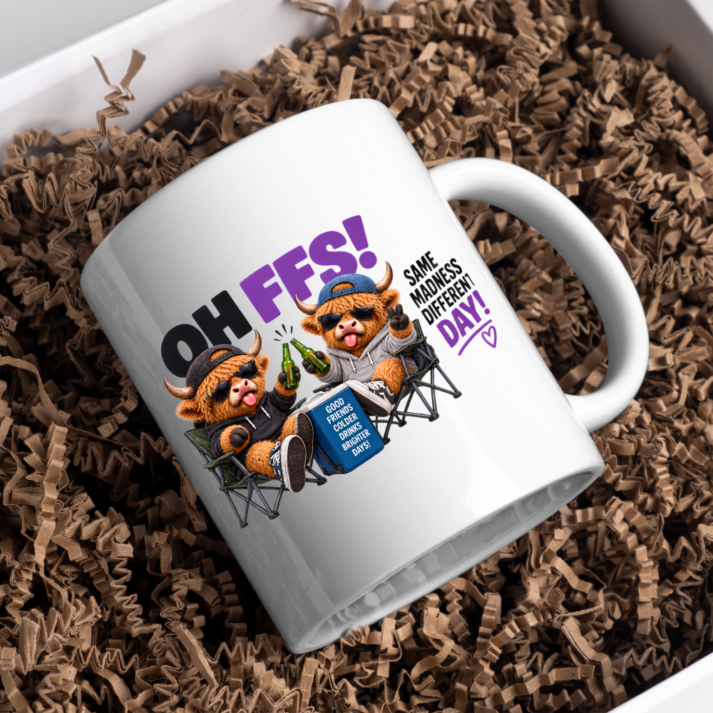 Camping Besties Highland Cows Mug "OH FFS! Same Madness Different Day!" Oh Ffs! Same Madness Different Day! 325ml Ceramic Coffee Mug – Cute Highland Cows in Camping Chairs Toasting Beer Bottles | Funny Bestie Gift | Fast Dispatch by UK Seller (M3373)