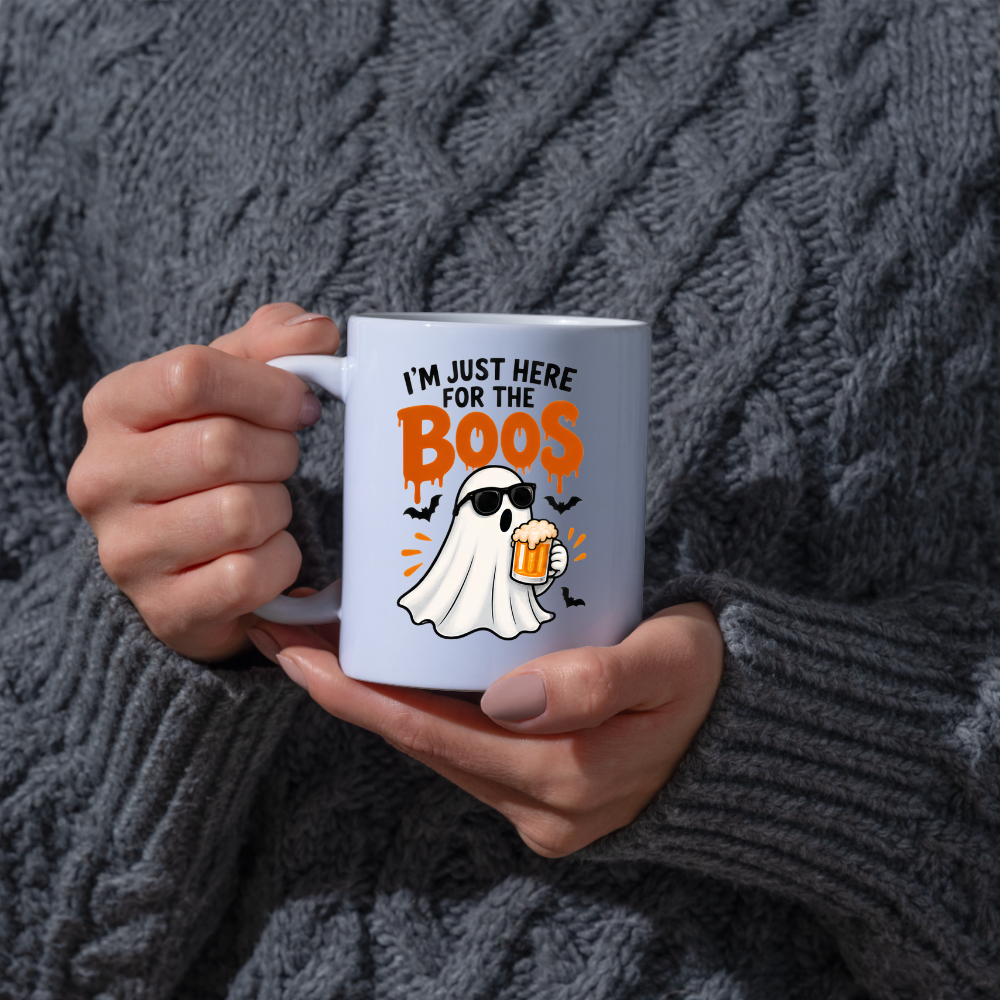 Halloween Mug "I'M JUST HERE For The Boos" Cool Ghost 325ml Ceramic Coffee Mug – Funny Drinking Ghost Tea Cup with Sunglasses & Beer Glass Graphic Gift | Available in Multicolours | Fast Dispatch by UK Seller (M3074)