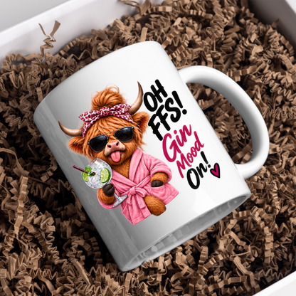 Highland Cow Gin Lover Mug "Oh FFS Gin Mood On!" Oh FFS! Gin Mood On! 325ml Ceramic Coffee Mug – Cute Highland Cow in Pink Bathrobe & Leopard Bow Holding Gin & Tonic Cocktail Glass | Funny Gift | Fast Dispatch by UK Seller (M3391)