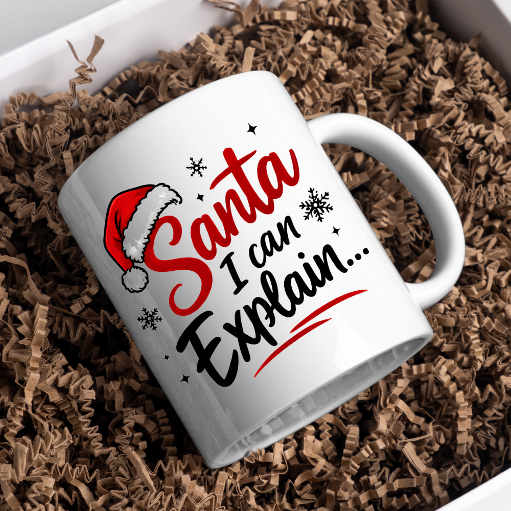 Funny Christmas Mug "Santa I Can Explain..." Santa I Can Explain... 325ml Ceramic Coffee Mug – Festive Humor Slogan with Red Santa Hat, Snowflakes & Star Sparkles | Winter Holiday Gift | Fast Dispatch by UK Seller (M3434)